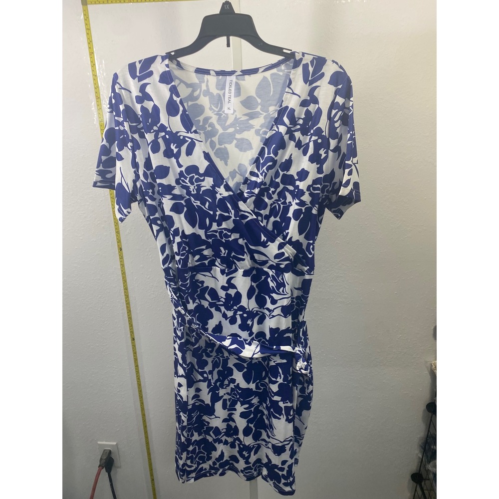 Tickled Teal Floral Faux Wrap Dress Blue White V-Neck Short Sleeve XL